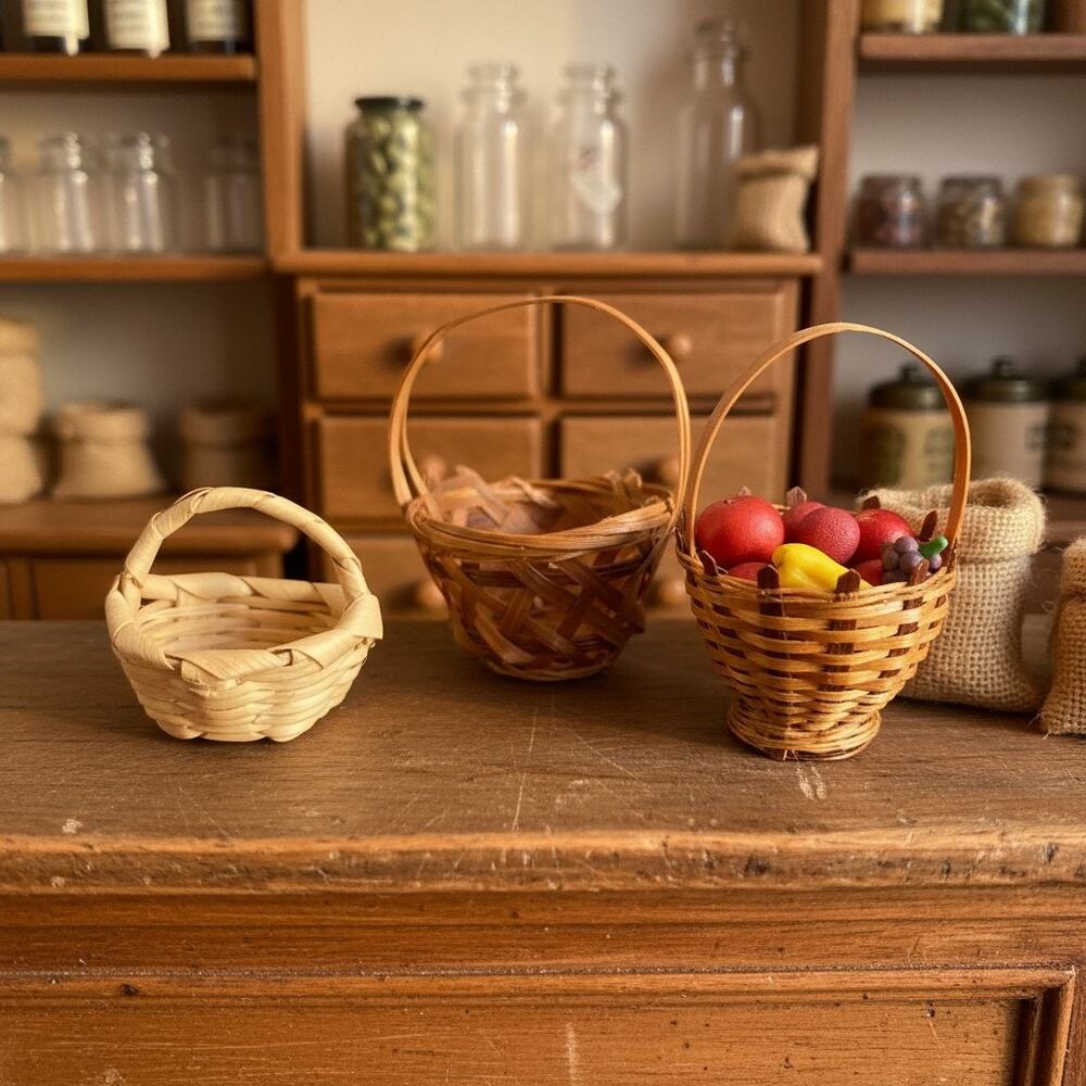 Vintage Dollhouse Miniature Wicker Baskets Fruit Set-1970s Kitchen Accessories